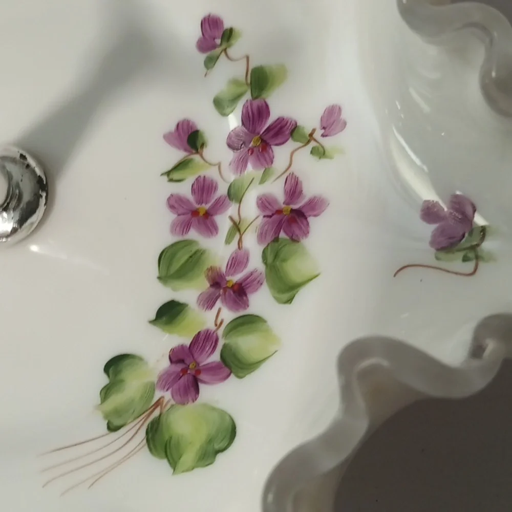 Fenton Silver Crest Violets Center Hnadle Server Tidbit Dish Vintage